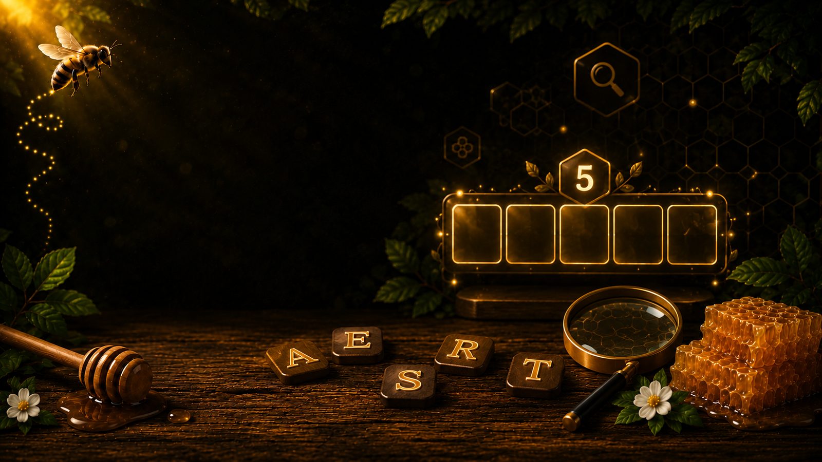 Honeycomb word finder scene with five-letter puzzle boxes, letter tiles, and a bee.