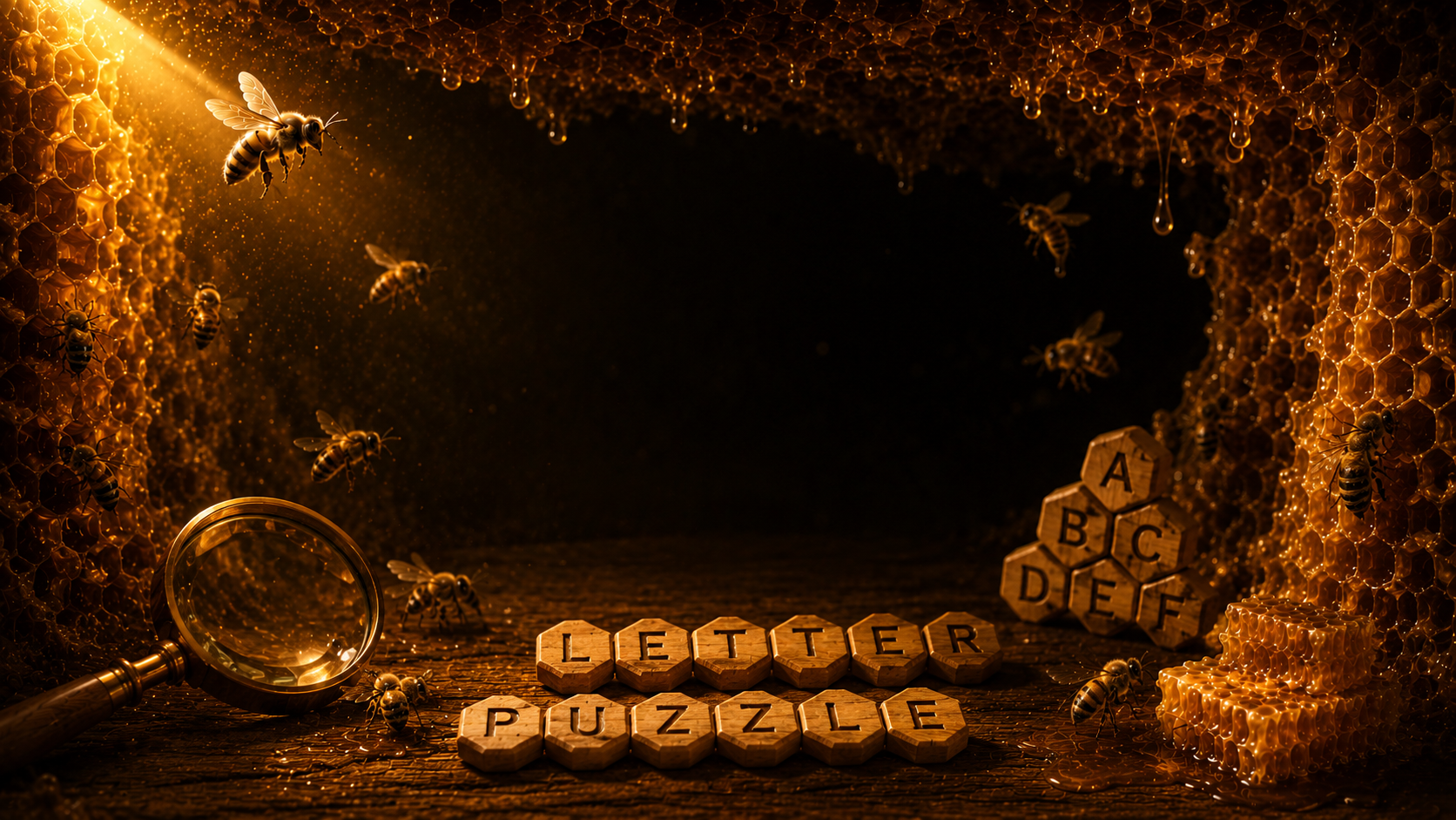 Honeycomb word puzzle scene with six-letter word tiles and bees.
