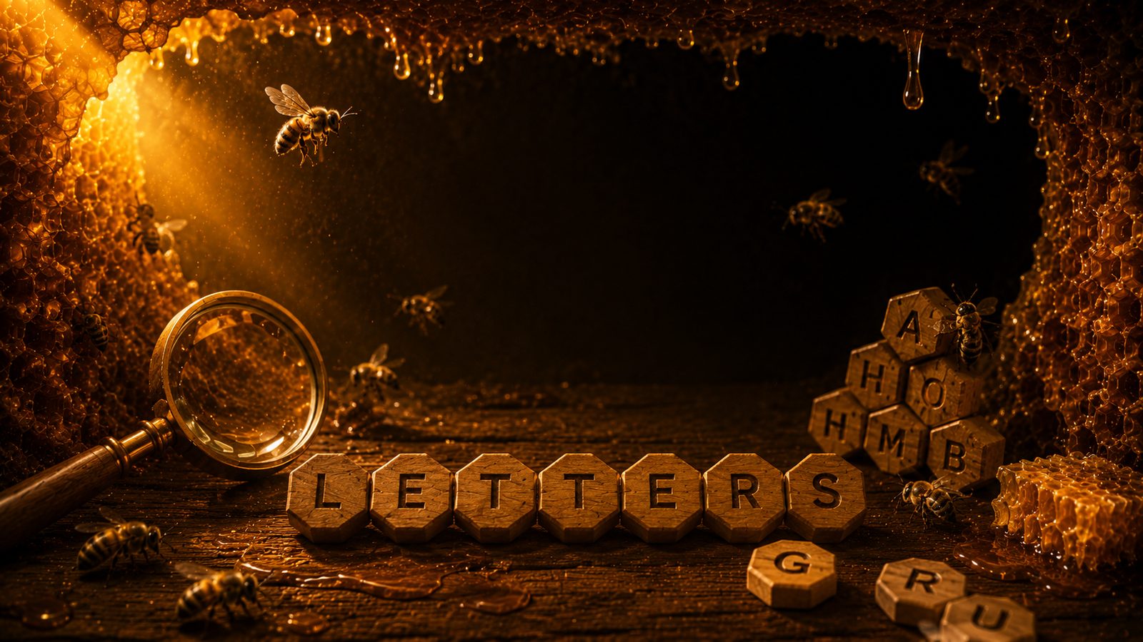 Honeycomb word puzzle scene with seven letter tiles, bees, and a magnifying glass.