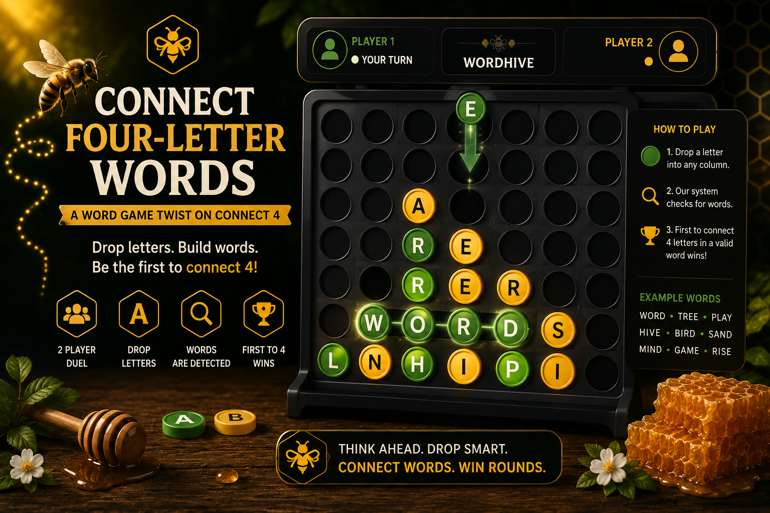 Connect Four-Letter Words board with green and yellow letter chips spelling a winning word