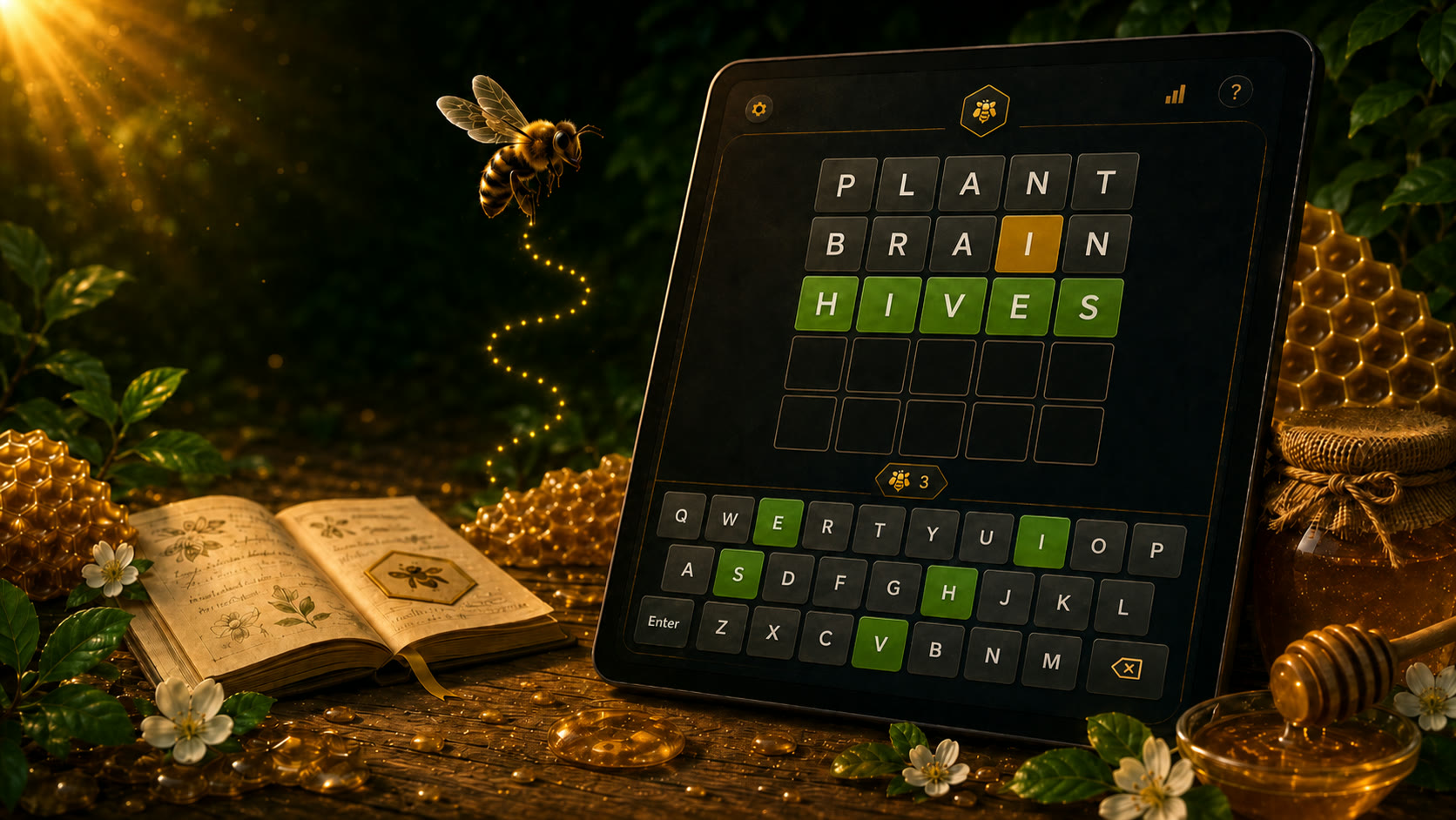 Daily Word Hive puzzle setting with a rule-accurate HIVES solve, honeycomb, and notebook