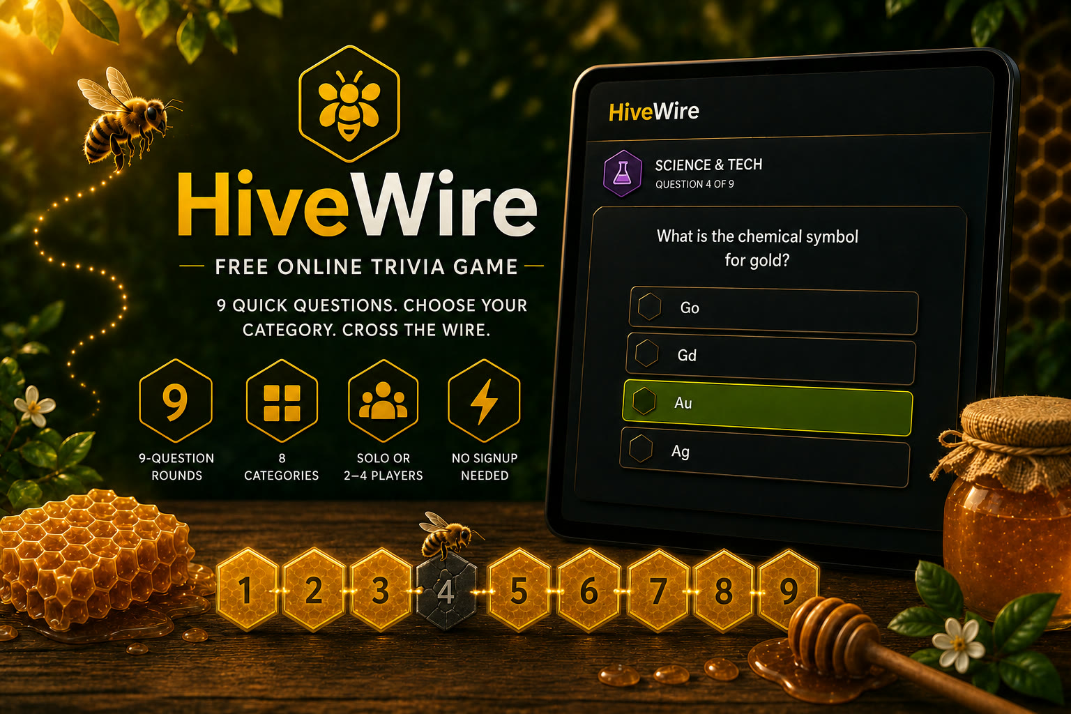 HiveWire trivia game with a science question and nine-tile honeycomb wire path