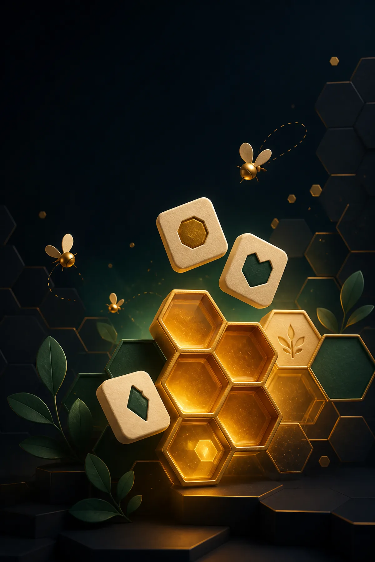Glowing honeycomb, letter tiles, and bees in the WordHive world