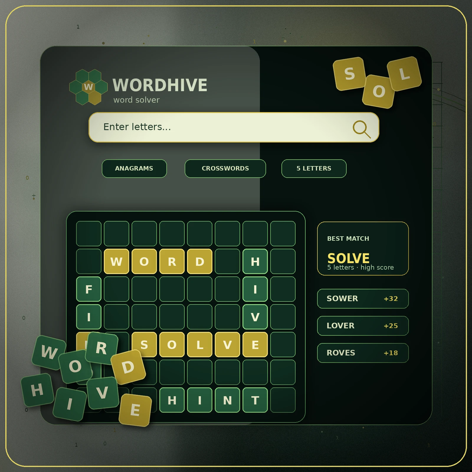 WordHive word solver interface with letter tiles and puzzle results