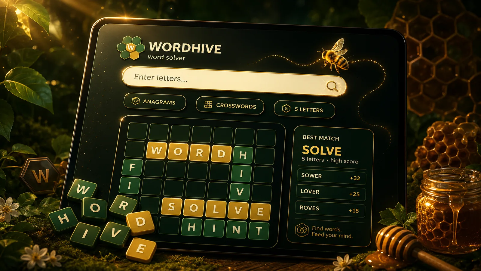WordHive word solver interface on a tablet with letter tiles, honeycomb, and bee accents