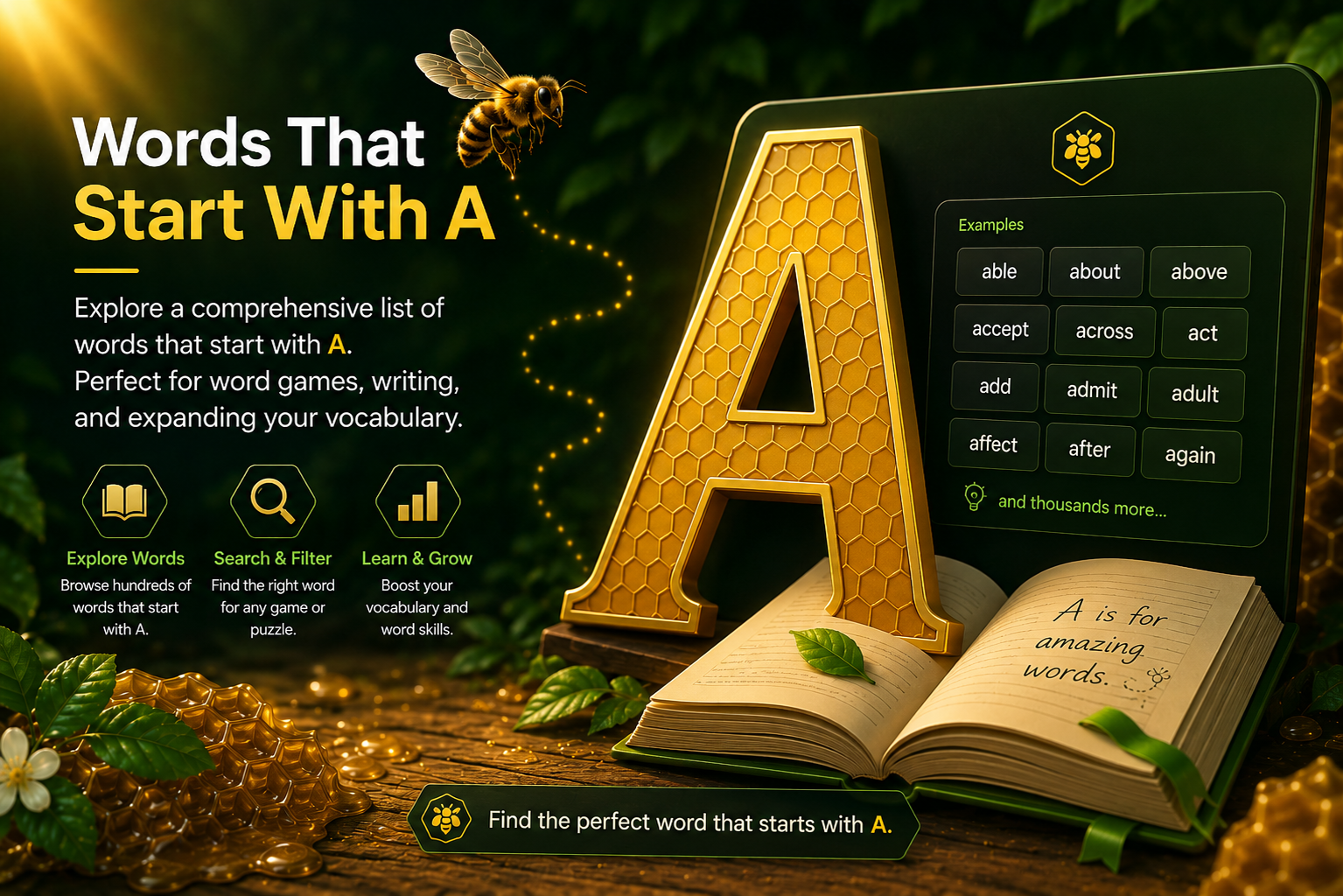 Words That Start With A vocabulary scene with a golden letter A, example A words, and a WordHive bee.