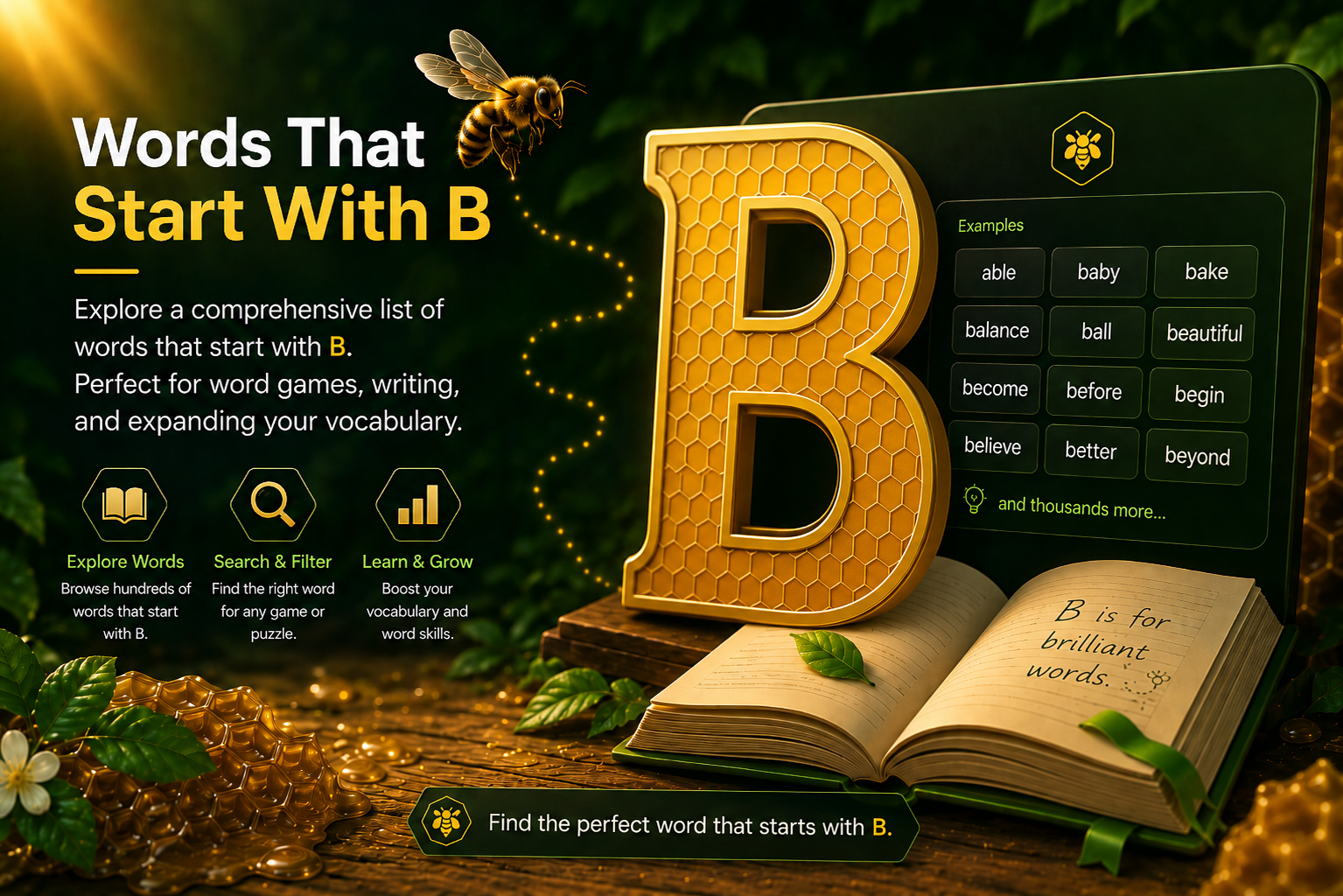 Words That Start With B vocabulary scene with a golden letter B, example B words, and a WordHive bee.