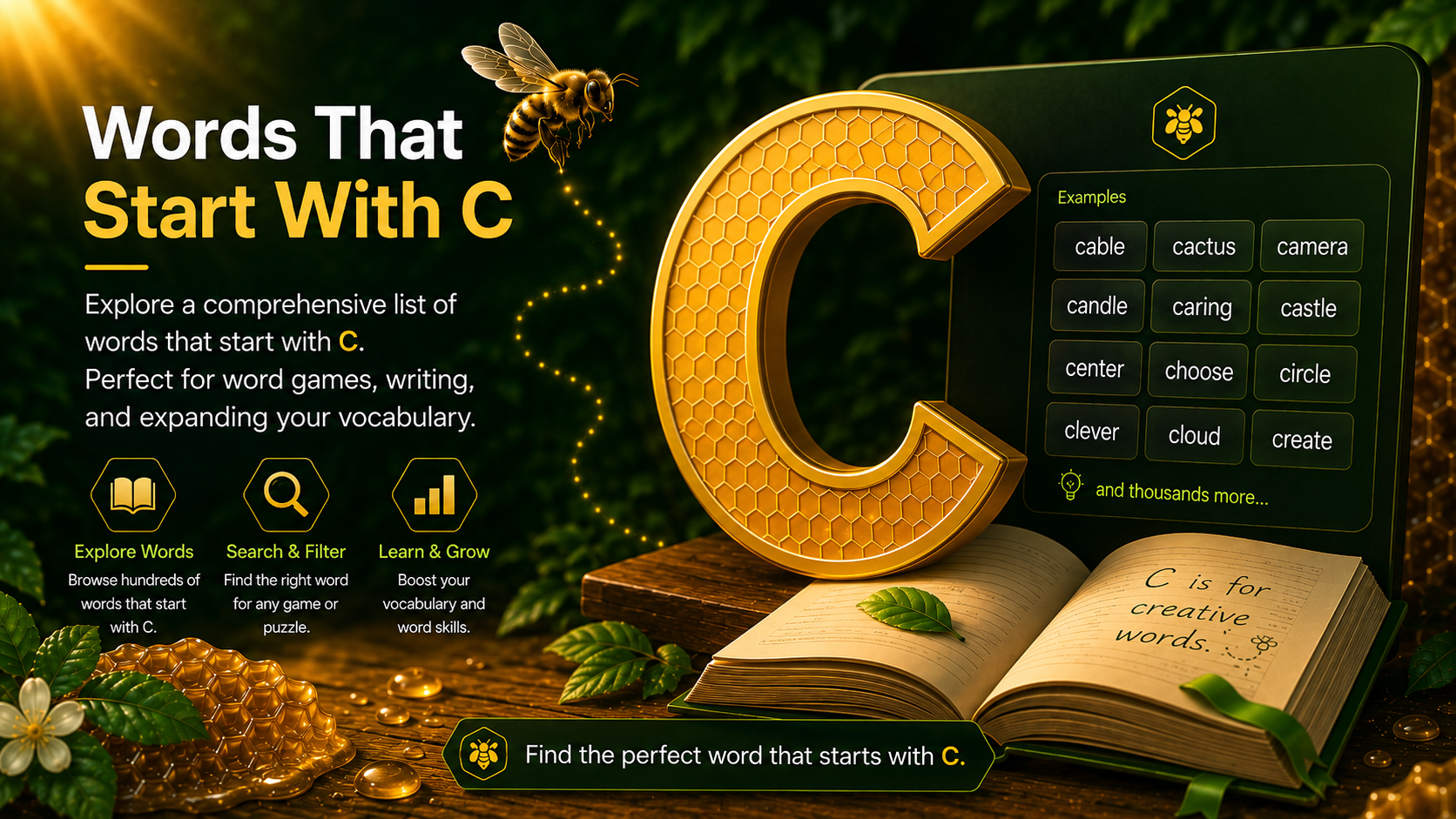 Words That Start With C vocabulary scene with a golden letter C, example C words, and a WordHive bee.