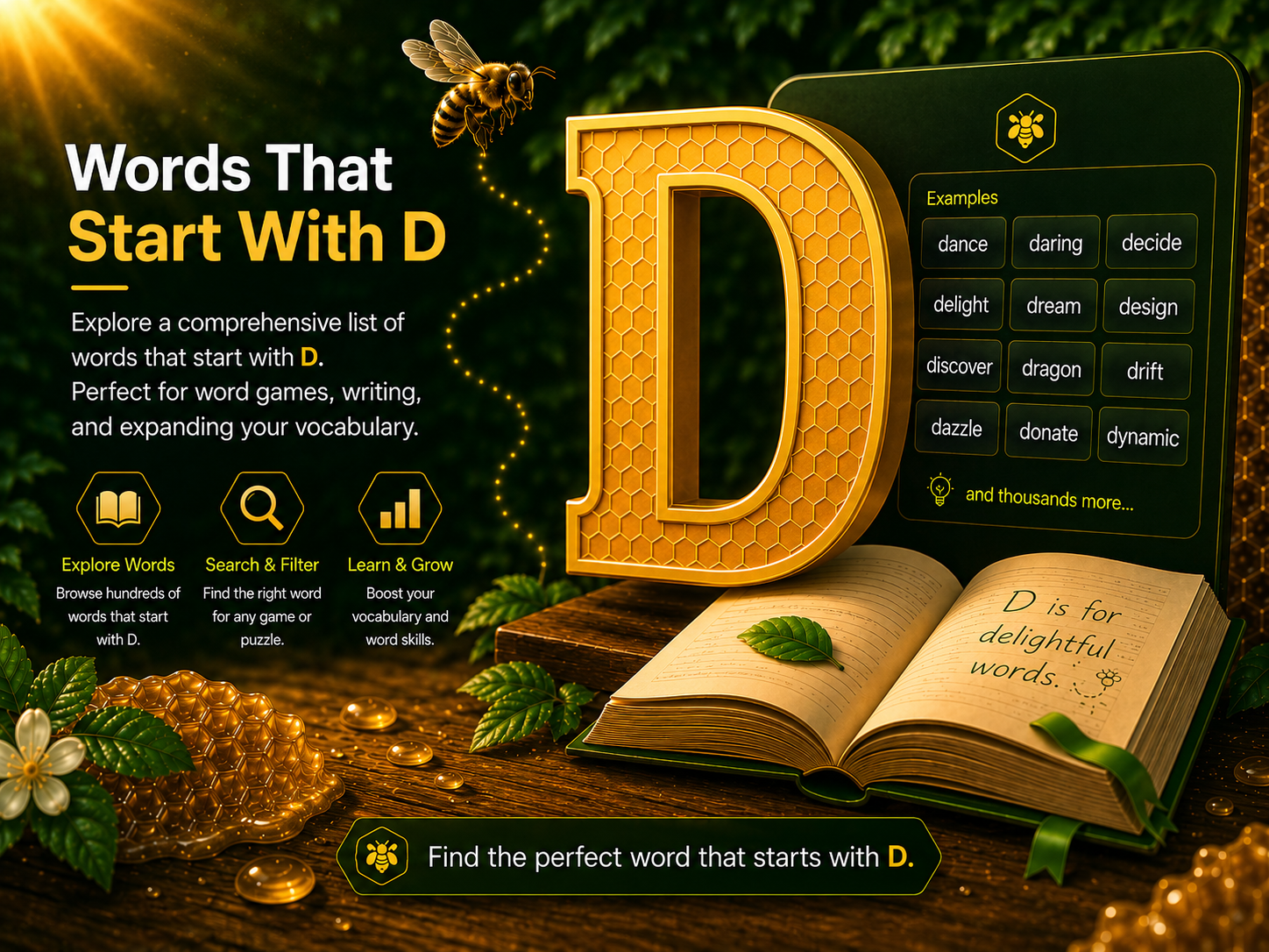 Words That Start With D vocabulary scene with a golden letter D, example D words, and a WordHive bee.