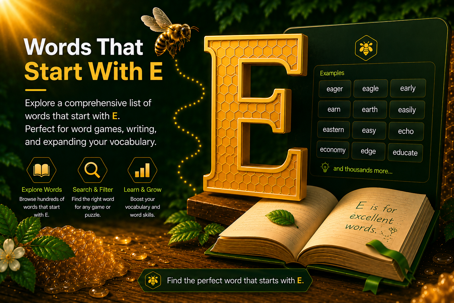 Words That Start With E vocabulary scene with a golden letter E, example E words, and a WordHive bee.